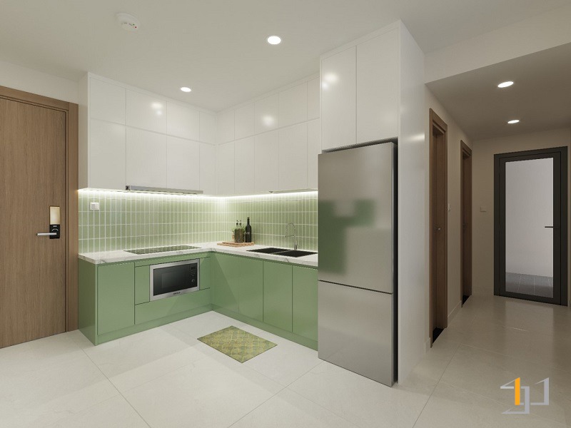 Tủ bếp chữ L phối màu trắng - xanh mint cho nhà chung cư