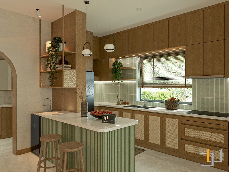 Tủ bếp chữ L có thêm đảo bếp phong cách Japandi