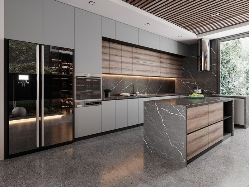 Tủ bếp gỗ óc chó phối cánh Laminate xám nhám