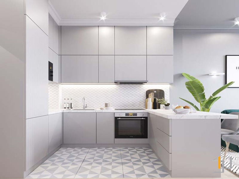 Tủ bếp chữ U phủ Melamine xám hiện đại