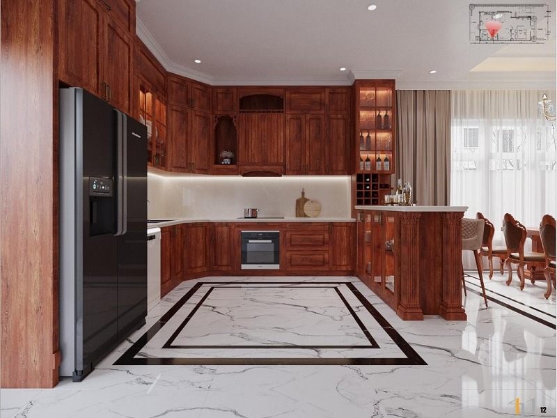 Mẫu tủ bếp gõ đỏ chữ U cho nhà phố