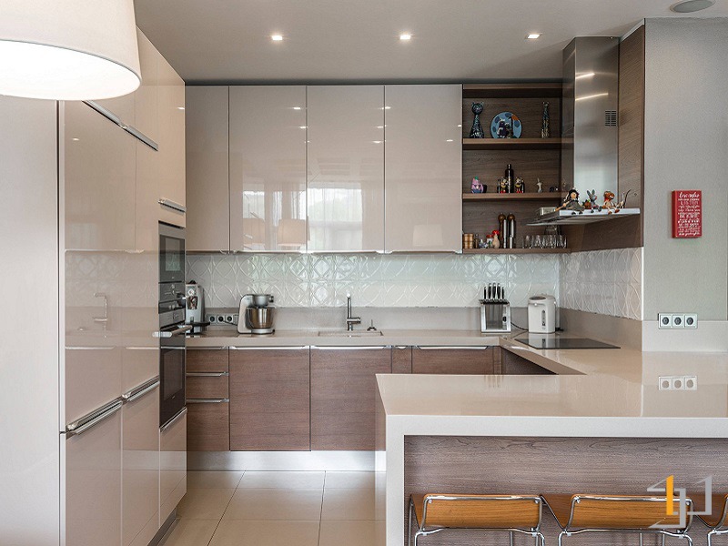 Tủ bếp chữ G phủ Acrylic bóng gương hiện đại