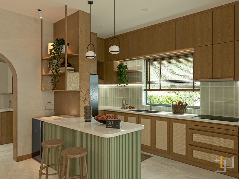 Tủ bếp có bàn đảo phong cách Japandi