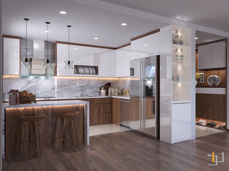 Tủ bếp có quầy bar phủ acrylic bóng gương