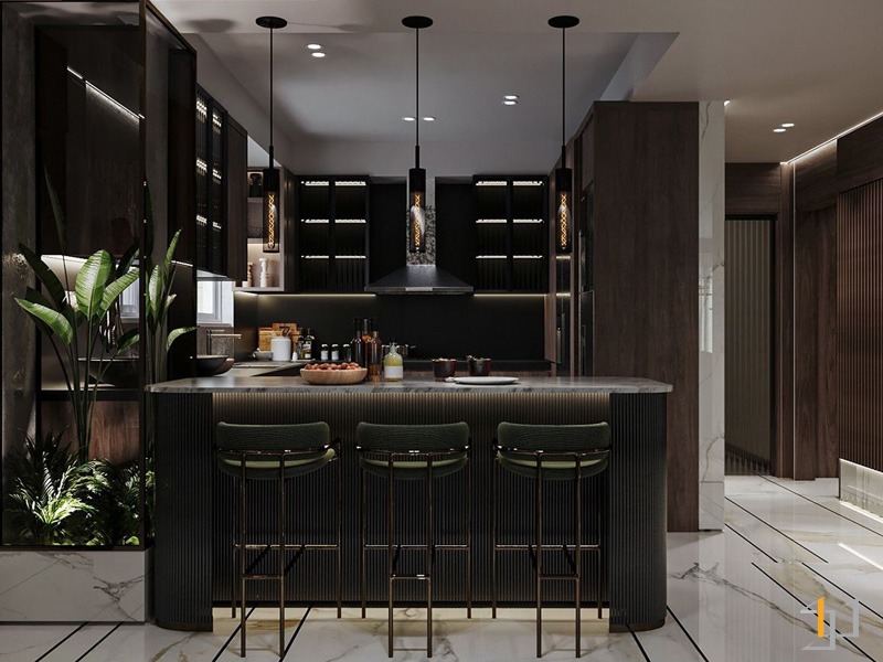 Tủ bếp có quầy bar tông đen sang trọng