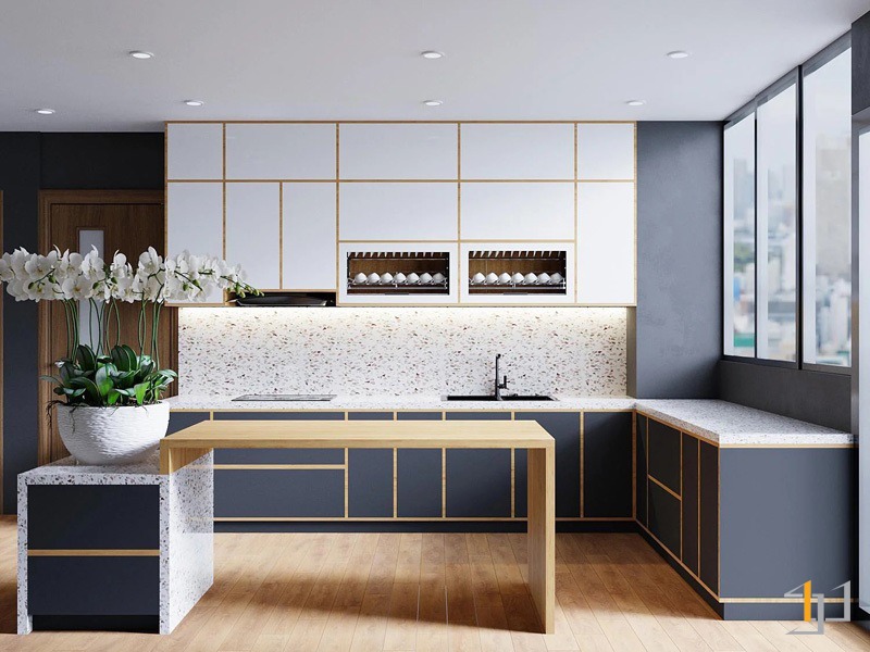 Tủ bếp có bàn đảo phối màu trắng xanh ấn tượng