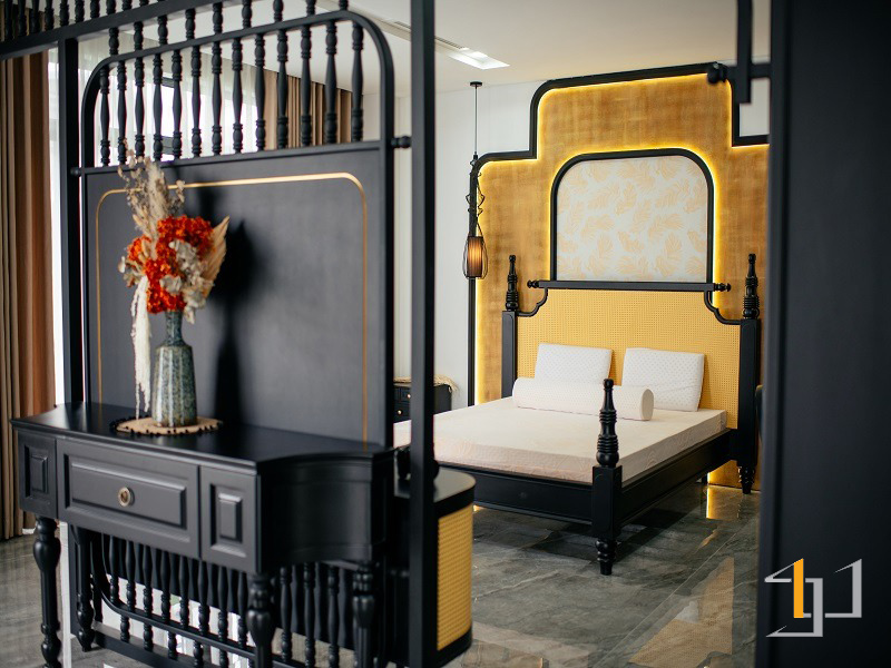 Thi công nội thất phòng ngủ Indochine tại showroom S-housing