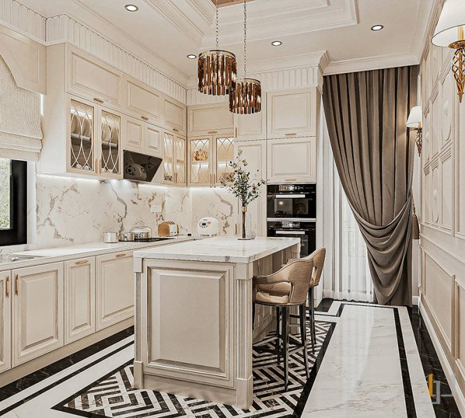 Thiết kế tủ bếp tân cổ điển cao kịch trần