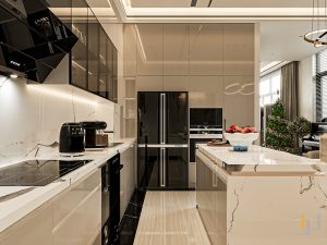 Thiết kế tủ bếp cao kịch trần cho nhà phố