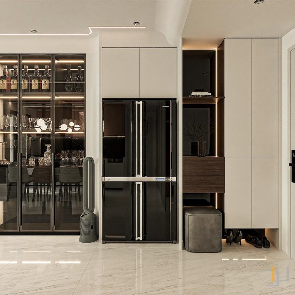 Tủ giày cao kịch trần và kệ trang trí kết hợp đèn LED