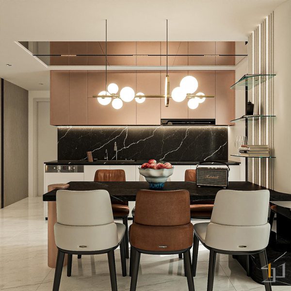 Thiết kế bàn ăn kết hợp kệ gắn tường đơn giản và đèn LED