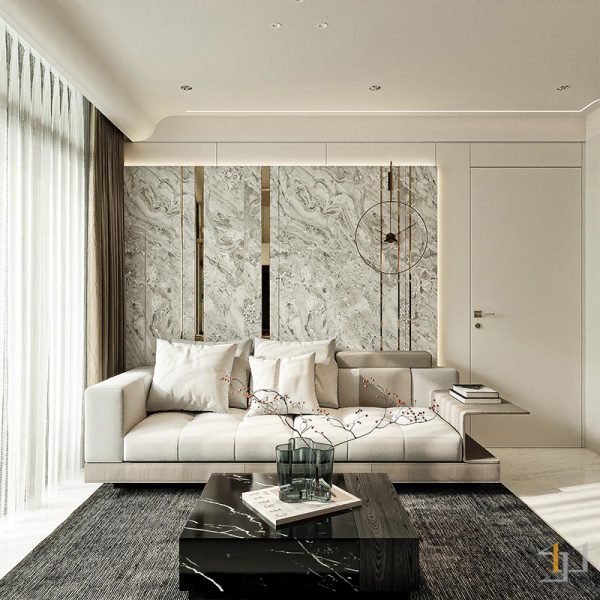 Trang trí vách sofa với tấm giả đá và nẹp kim loại