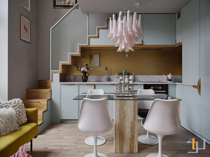 Tủ bếp gầm cầu thang phong cách vintage