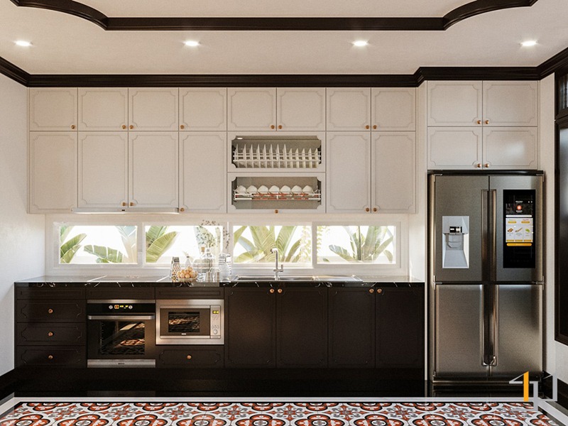 Tủ bếp phong cách Indochine phối màu trắng đen nổi bật