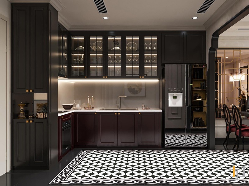 Tủ bếp đẹp phong cách Indochine tông đen