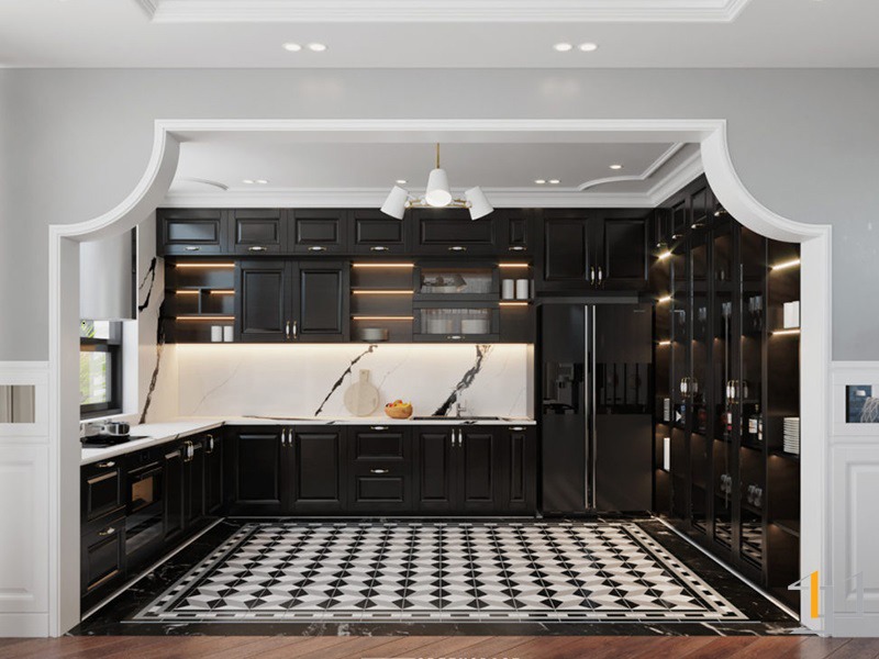 Tủ bếp đẹp phong cách Indochine với đá Marble trắng ốp tường