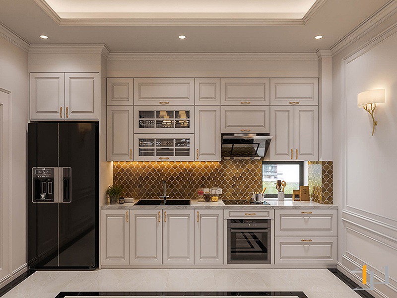 Tủ bếp phong cách Indochine sang trọng với tông trắng