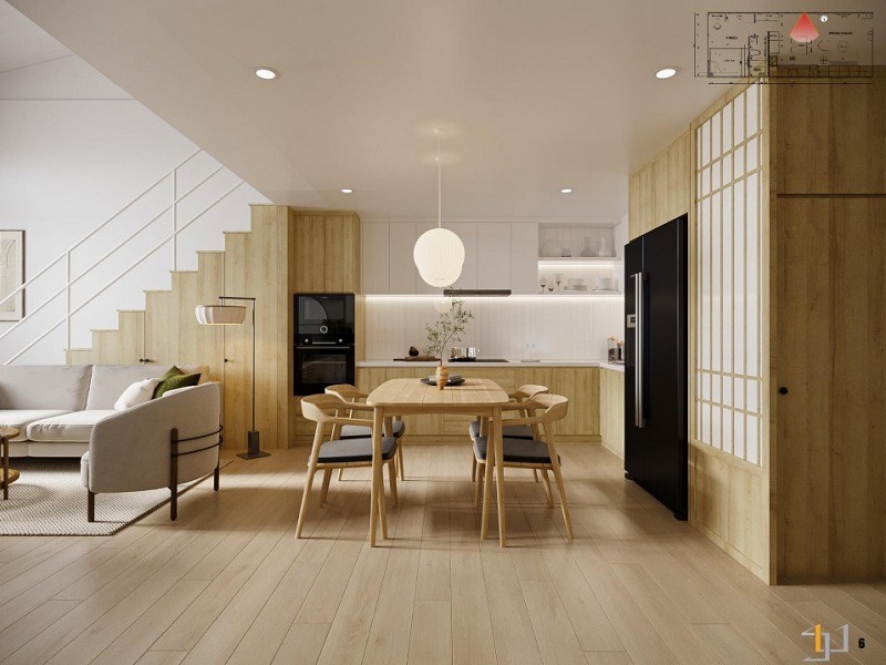 Mẫu tủ bếp đẹp phong cách Japandi kịch trần