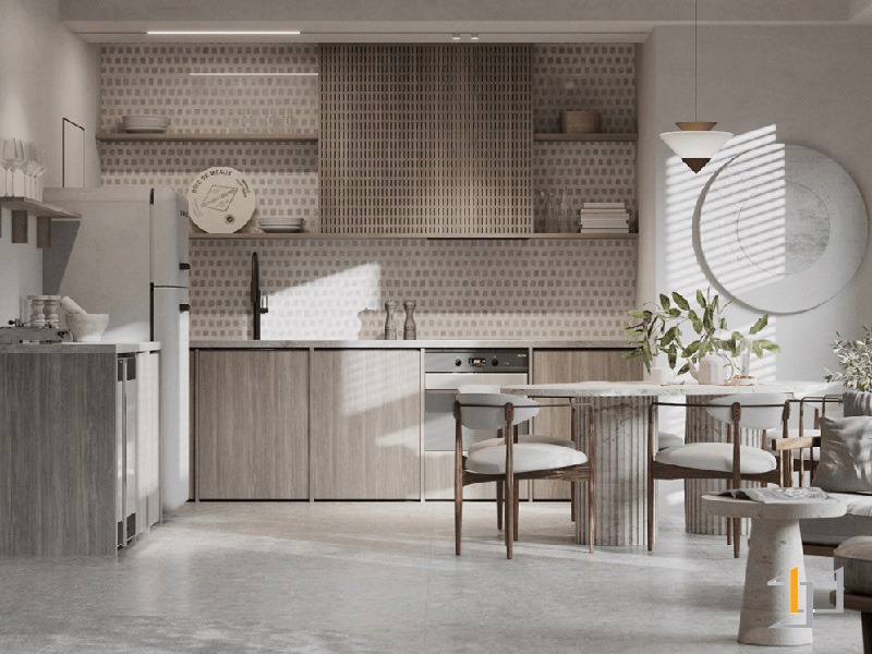 Tủ bếp gỗ nâu sáng cho người mệnh Thổ