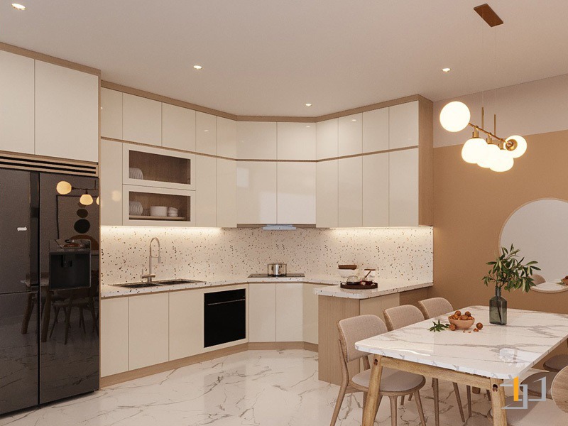 Tủ bếp chữ L phối màu trắng gỗ bắt mắt cho nhà phố