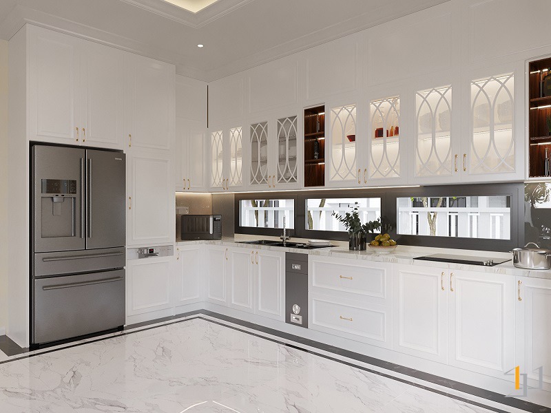 Tủ bếp Tân cổ điển tông trắng cho biệt thự