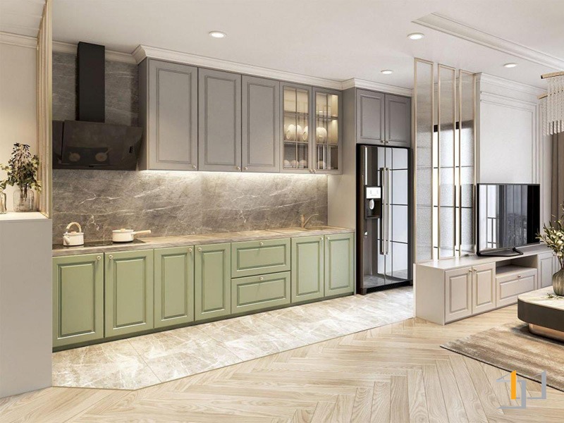 Tủ bếp Tân cổ điển tông xám - xanh sơn 2k