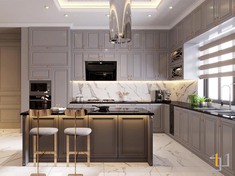 Tủ bếp Tân cổ điển tông xám có bàn đảo tiện dụng