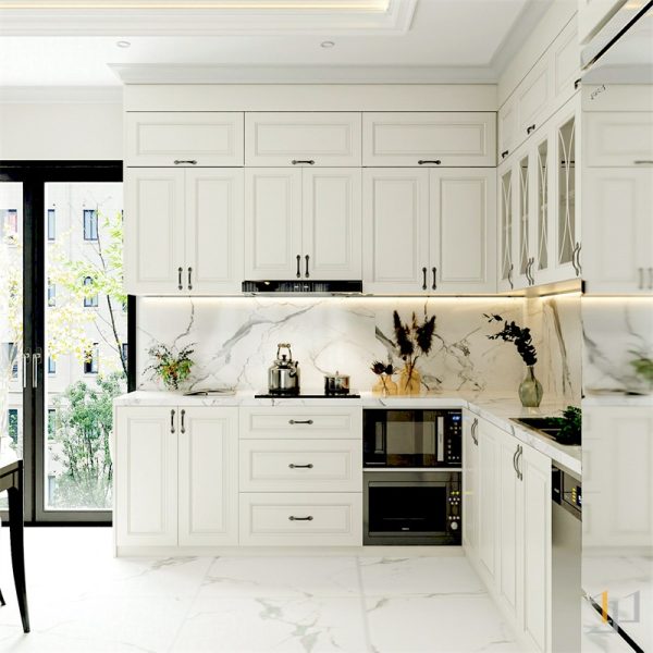 Tủ bếp Tân cổ điển nổi bật với các đường phào chỉ được chạy pano trên cánh