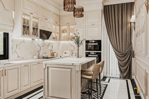 Tủ bếp Melamine cánh tủ chạy pano phong cách Tân cổ điển