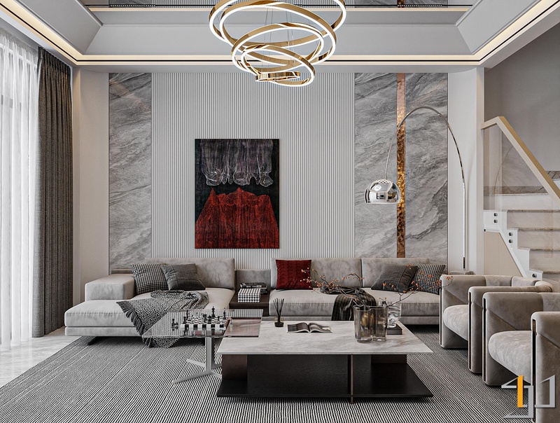 Sự phối hợp giữa các loại vật liệu và các tác phẩm nghệ thuật mang lại chiều sâu cho không gian phòng khách