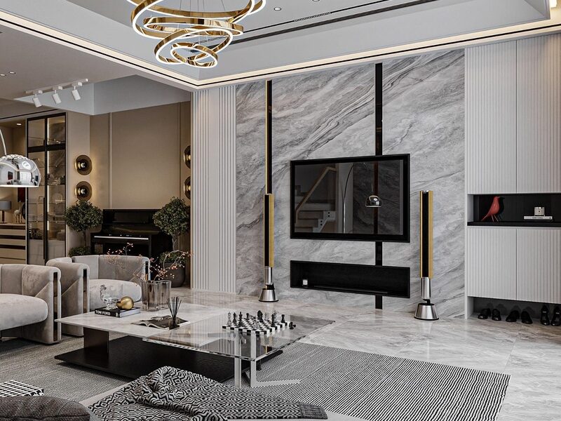 Sự xuất hiện của loa đứng cao cấp và các đường chỉ gương đen giúp không gian giải trí trở nên thời thượng và đẳng cấp