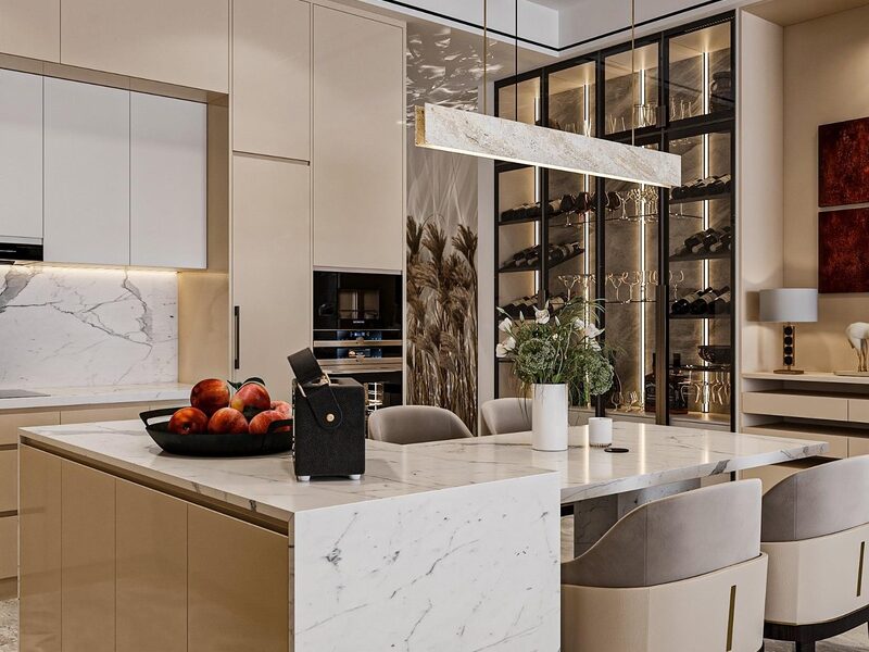 Đảo bếp bằng đá marble nguyên khối đóng vai trò là trung tâm kết nối giữa khu vực nấu nướng và bàn ăn