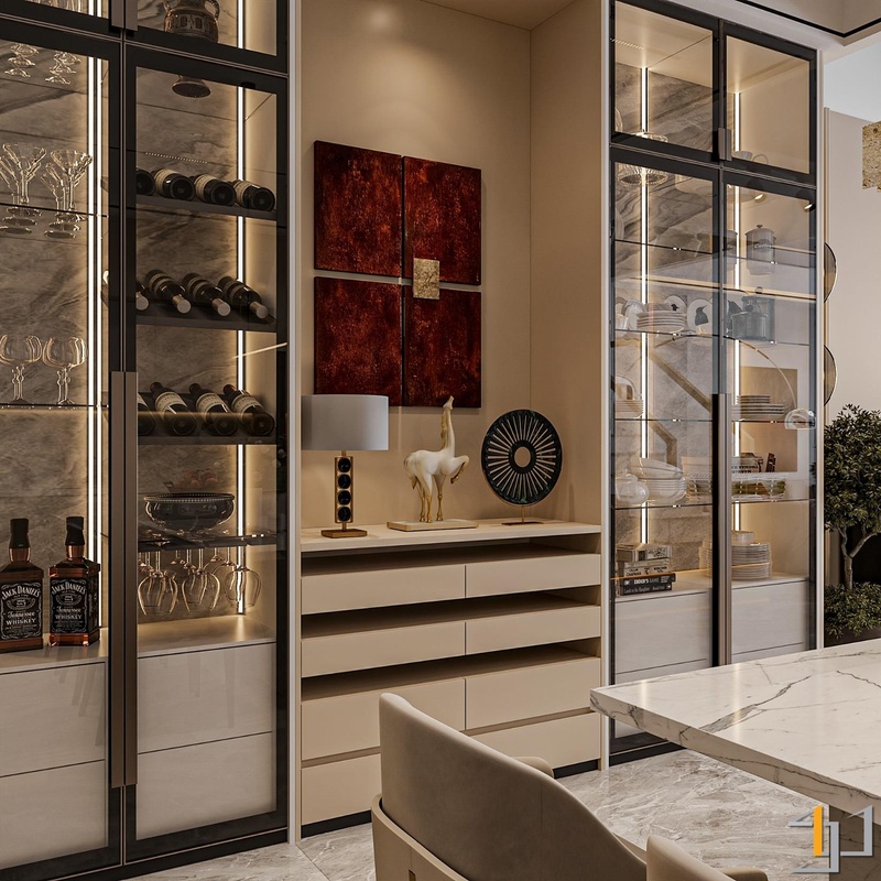 Nơi trưng bày bộ sưu tập rượu của gia chủ được chăm chút tỉ mỉ trong từng chi tiết