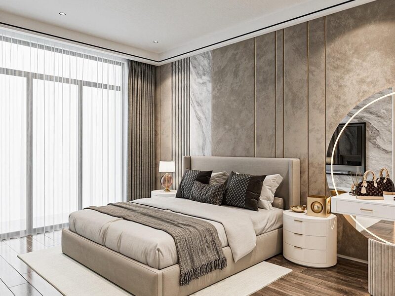 Phòng ngủ toát lên vẻ sang trọng nhờ mảng tường đầu giường kết hợp đa vật liệu giữa đá marble vân mây, vách nan gỗ và tấm ốp giả da màu trung tính