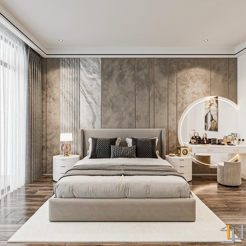 Phòng ngủ được thiết kế để tạo sự cân bằng thị giác bằng sự phối hợp của các đường thẳng và hình khối mềm