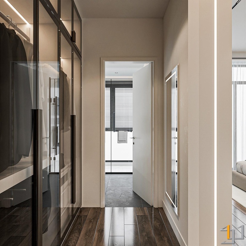 Tủ quần áo walk-in closet được tích hợp bên trong lối vào phòng ngủ master vừa tiện lợi vừa tận dụng được khoảng trống để làm phòng thay đồ