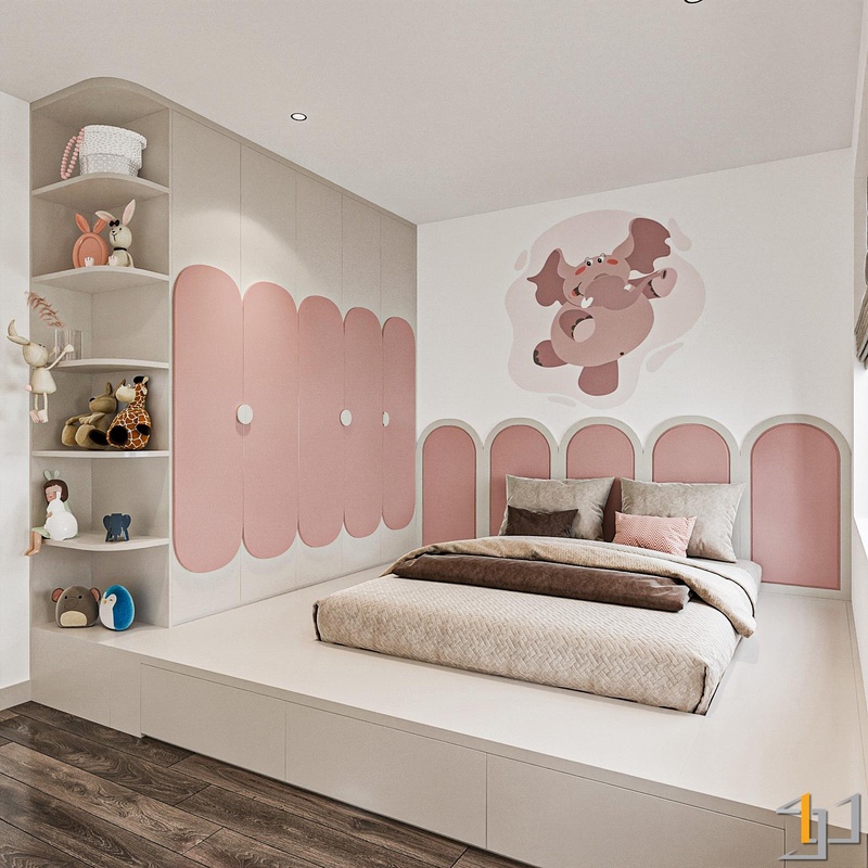 Phòng ngủ lớn lên cùng bé với thiết kế thấp, rộng rãi, tích hợp không gian lưu trữ để dễ dàng chuyển đổi chức năng khi bé lớn lên