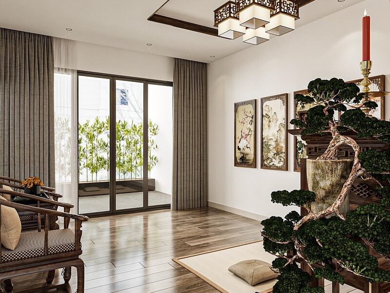Không gian thờ tự được thiết kế mở, kết nối với ban công xanh mát qua hệ cửa kính lớn, giúp lưu thông khí tốt hơn