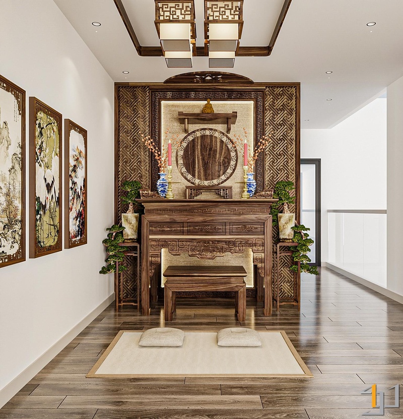 Sự tinh giản này không làm mất đi vẻ tôn nghiêm, trang trọng mà ngược lại, còn hòa quyện nhịp nhàng vào mạch cảm xúc hiện đại, tối giản của căn nhà