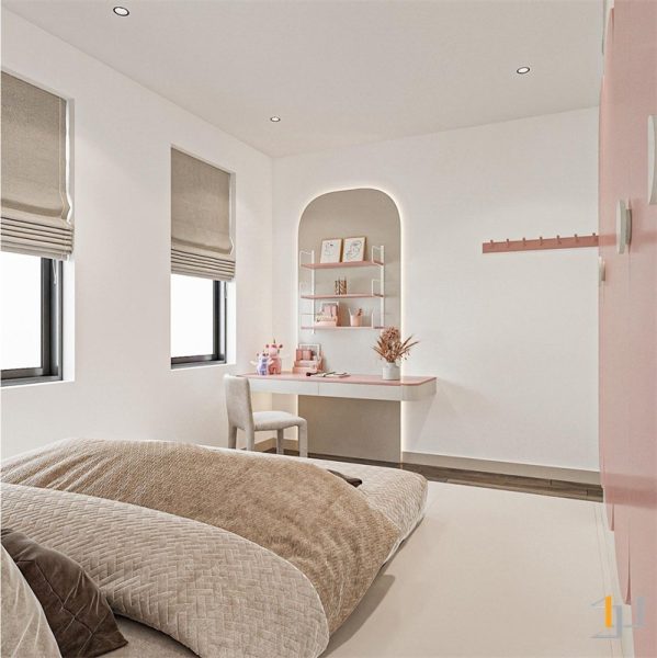 Bàn học phòng ngủ bé gái được bố trí cạnh cửa sổ nhiều ánh sáng tự nhiên