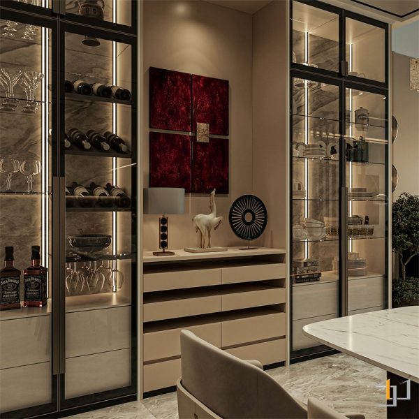 Tủ rượu sang trọng kết hợp cùng tủ console trang trí, tạo điểm nhấn cuốn hút trong nhà phố hiện đại