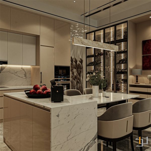 Đảo bếp và mặt bàn ăn được ốp bằng đá marble trắng vân xám cao cấp