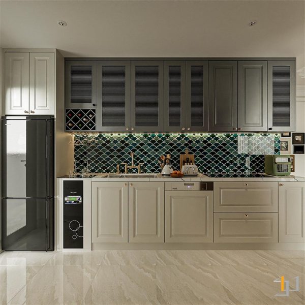 Tủ bếp Indochine nổi bật với gạch hình thoi màu xanh cổ vịt