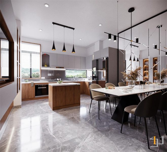 Phòng bếp thuộc dự án thiết kế nội thất nhà phố Tiền Giang hiện đại