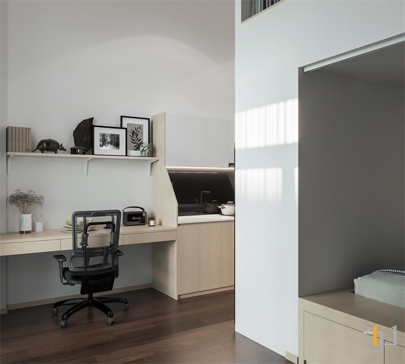 Bàn làm việc liền tủ bếp tiết kiệm diện tích cho căn hộ nhỏ