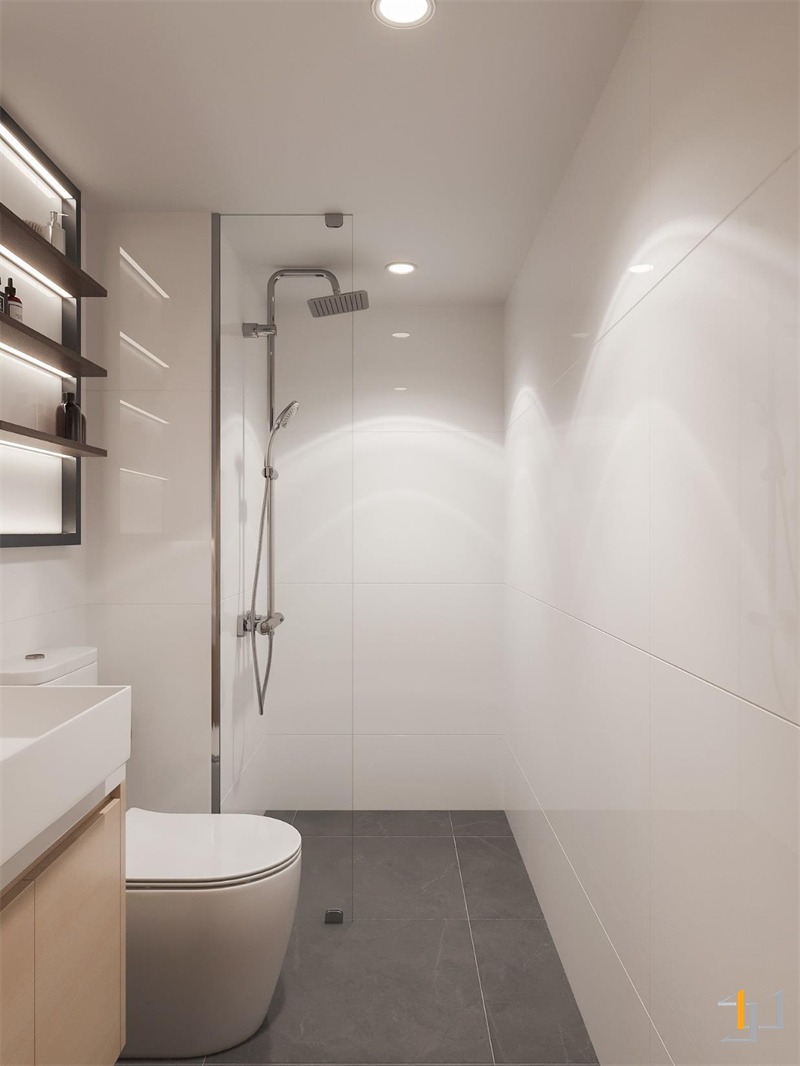 Nhà vệ sinh nhỏ đầy đủ tiện nghi trong căn hộ 30m2