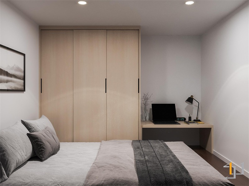 Phòng ngủ trên gác căn hộ studio 30m2 có bàn làm việc riêng