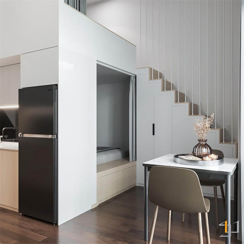Không gian ngủ nhỏ gọn dưới gác lửng căn hộ studio 30m2