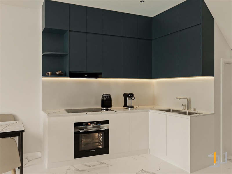 Tủ bếp chữ L tạo ra sự gọn gàng và tiết kiệm diện tích biệt thự phố