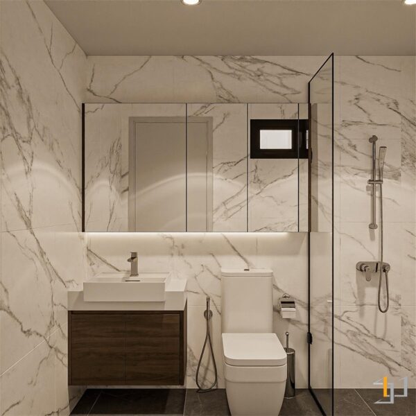 Tủ bếp chữ L sử dụng gỗ phủ Acrylic hiện đại với hiệu ứng bóng gương bắt mắt